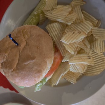 Schultz's Crab House - Lump crab sandwhcih (sorry you can't see the crab cake), comes with chips and pickle - Seafood Near Me - Essex, Maryland