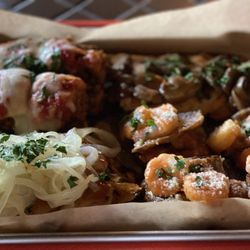 Chefs Creations - Shrimp on eggplant, grilled chicken and onions, chicken with mushrooms, beef lasagna.