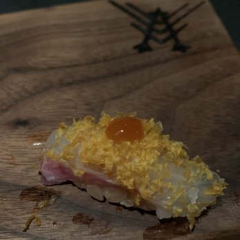 Robin - Plum snapper with shaved cured egg yolk and apricot jam - Sushi Bars Near Me - San Francisco, California Robin - Plum snapper with shaved cured egg yolk and apricot jam - Sushi Bars Near Me - San Francisco, California