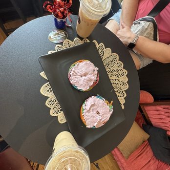 Sip Happens - Rainbow bagel with berry cream cheese and banana cream latte - Bakeries Near Me - Rogers, Minnesota