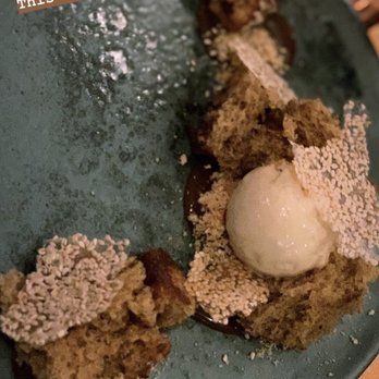 Machete - Ginger cake with sesame ice cream and miso caramel - New American Near Me - Greensboro, North Carolina Machete - Ginger cake with sesame ice cream and miso caramel - New American Near Me - Greensboro, North Carolina