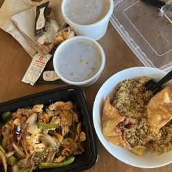 Delicious through doordash. Perfect! Family is happy! Spicy combination Mongolian. Fried rice, hot and sour, crab Rangoon.