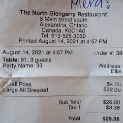 The North Glengarry Restaurant - 14 août 2021 / $29.38 avec taxes pour trois par Ellie.