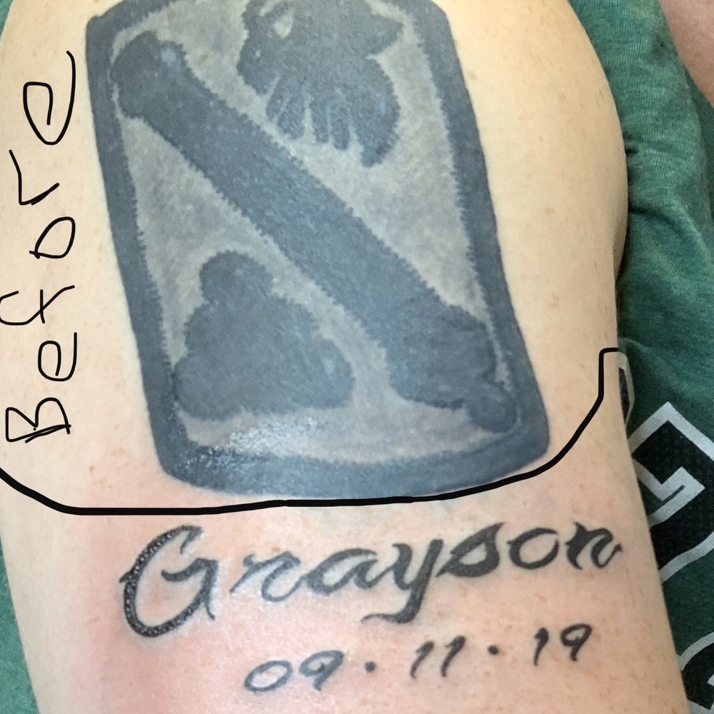 Artistic Encounter - Son's name and patch before BillyJack fixed it. - Tattoo Near Me - Dallas, Texas Artistic Encounter - Son's name and patch before BillyJack fixed it. - Tattoo Near Me - Dallas, Texas
