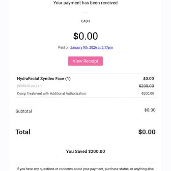 LaserAway - This is a receipt for NO services. - A screenshot of a payment receipt from LaserAway, indicating a $0.00 total for HydraFacial Sydnee Face and additional authorization treatment. - Tattoo Removal Near Me - Washington, DC, District of Columbia
