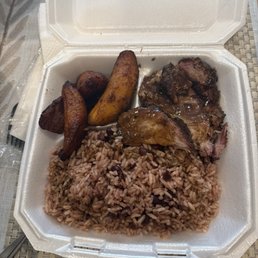 Jerk pork, rice and peas fried plantain Jerk pork, rice and peas fried plantain