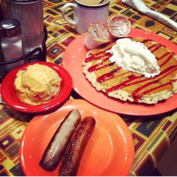 Josie's - Pancake w/sausage and cheese grits. - American Near Me - Lexington, Kentucky Josie's - Pancake w/sausage and cheese grits. - American Near Me - Lexington, Kentucky