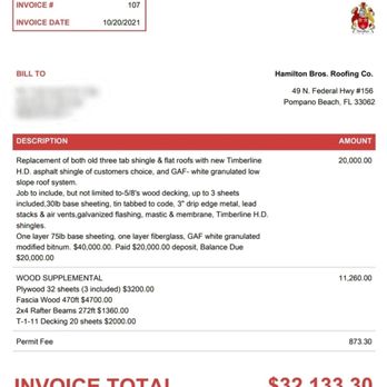Hamilton Bros. Roofing - Invoice sent after job completion billing for additional $11,260.00 - Roofing Near Me