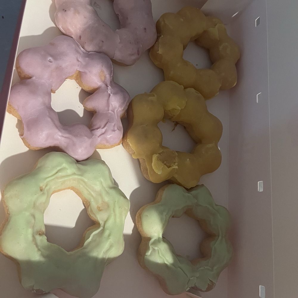 Mango, Taro, strawberry and Melony (?) mochi donuts Mango, Taro, strawberry and Melony (?) mochi donuts
