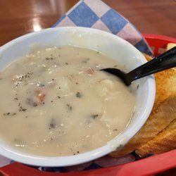 Summerhays's Halibut'n Chips - Chowder (bowl) and Parmesan toast