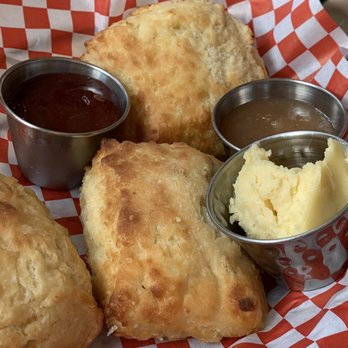 Neighbor Of Wine Down - Some of our Biscuits with clarified butter, strawberry jam, and apple butter - Breakfast & Brunch Near Me - Ooltewah, Tennessee Neighbor Of Wine Down - Some of our Biscuits with clarified butter, strawberry jam, and apple butter - Breakfast & Brunch Near Me - Ooltewah, Tennessee