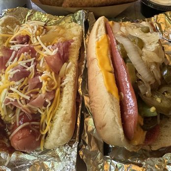 Hillbilly Hot Dogs - L: Pine-Appalachian dog R: Rahal's Red Hot Weenie (sub'd in a regular hot dog instead of spicy Mettwurst) - Burgers Near Me - Lesage, West Virginia