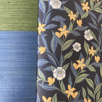 Leland's Wallpaper - Home Decor Idea: 
Grasscloth for the walls with a pop of pattern for the bookcase. - Interior Design Near Me - Arlington, Texas