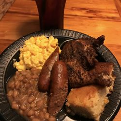 Salty Joe's BBQ Shop - Barbecue chicken and sausage with baked beans, mac and cheese, and cornbread