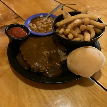 Boondocks BBQ & Grill - Meatloaf with roll, fries and baked beans (good baked beans!!!) - Barbeque Near Me - McConnelsville, Ohio Boondocks BBQ & Grill - Meatloaf with roll, fries and baked beans (good baked beans!!!) - Barbeque Near Me - McConnelsville, Ohio