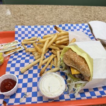 Nikko's Burgers - The hamburger lunch special + I made it a cheese burger instead! Ranch is extra - Burgers Near Me - Riverside, California