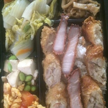 Bento Express - Surf and Turf special combo bento (fried chicken and fried shrimp rolls, red yeast pork cutlet) - Taiwanese Near Me - Sunnyvale, California