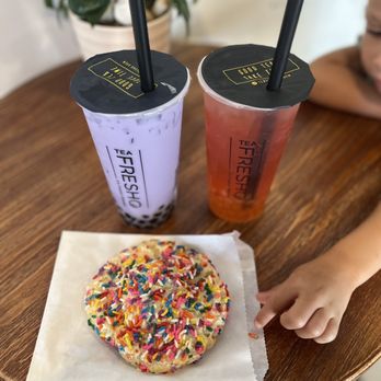 Tea Fresho - Taro Milk Tea with boba and Strawberry Oolong Tea with mango popping boba and a HUGE confetti cookie - Bubble Tea Near Me - Chandler, Arizona Tea Fresho - Taro Milk Tea with boba and Strawberry Oolong Tea with mango popping boba and a HUGE confetti cookie - Bubble Tea Near Me - Chandler, Arizona