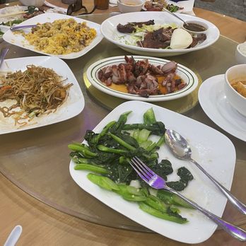 Golden Chinese BBQ - An amazing family spread peeking down lo mein, fried rice and Chinese broccoli - Chinese Near Me - Arlington, Texas