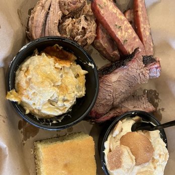 Mission BBQ - 3 meat platter with banana pudding and baked cheesy potatoes - Barbeque Near Me - Orlando, Florida