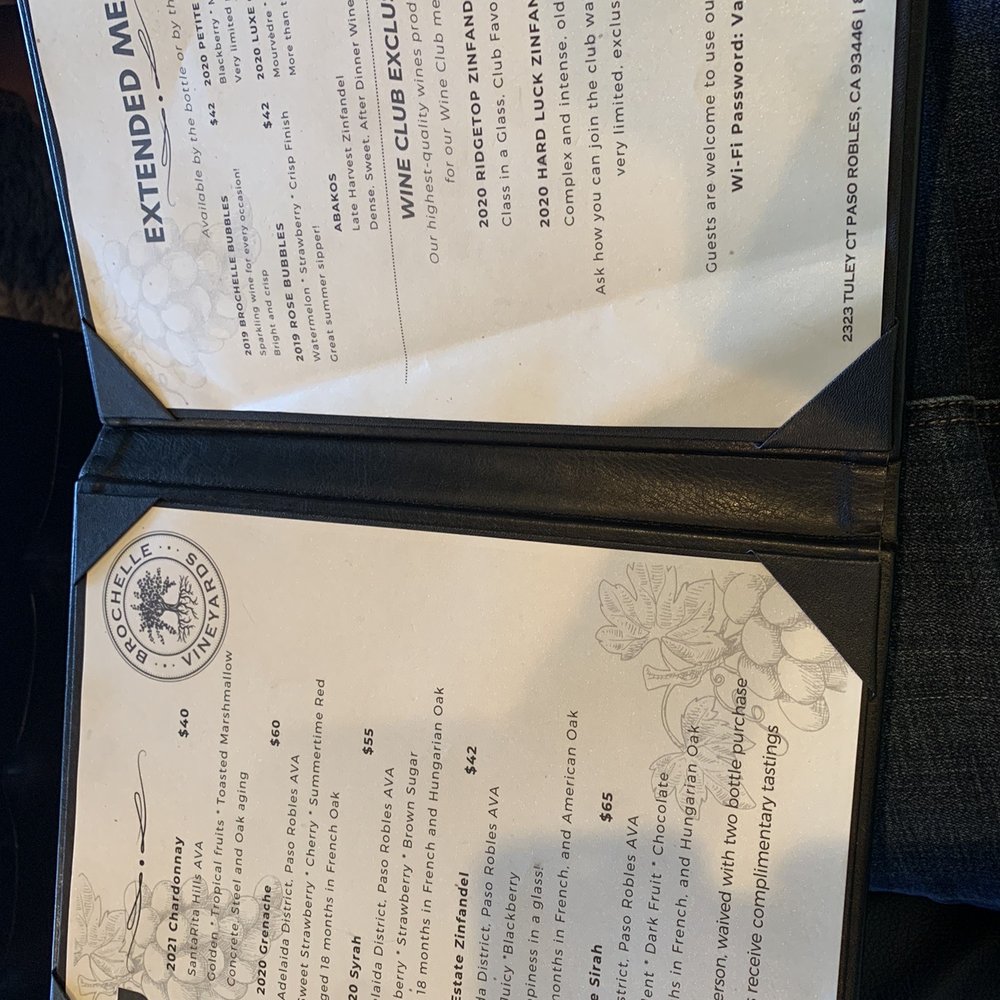Brochelle Vineyards - Menu - Wine Tasting Room Near Me - Paso Robles, California Brochelle Vineyards - Menu - Wine Tasting Room Near Me - Paso Robles, California