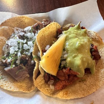 Taco Bar - Cabeza (left) and Al pastor tacos - Mexican Near Me - San Marcos, California