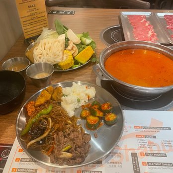 All That Shabu - Appetizers and selection from salad bar. Broth was spicy beef and miso mixed - Buffets Near Me - Alhambra, California All That Shabu - Appetizers and selection from salad bar. Broth was spicy beef and miso mixed - Buffets Near Me - Alhambra, California