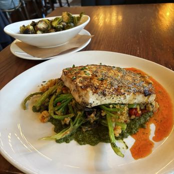 Iron Works - Wood-Grilled Swordfish* and Roasted Brussels Sprouts - American Near Me - Warwick, Rhode Island