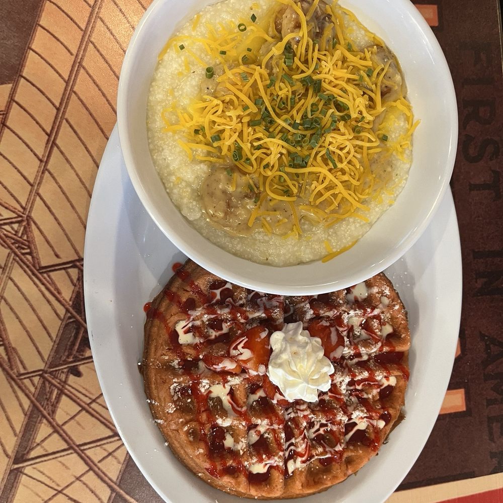 Wafflez-N-Creamz - Shrimp and grits with a strawberry waffle - Ice Cream & Frozen Yogurt Near Me - Humble, Texas Wafflez-N-Creamz - Shrimp and grits with a strawberry waffle - Ice Cream & Frozen Yogurt Near Me - Humble, Texas