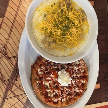 Wafflez-N-Creamz - Shrimp and grits with a strawberry waffle - Ice Cream & Frozen Yogurt Near Me - Humble, Texas