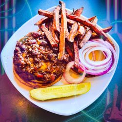 Duffy's Tavern - Chili burger with fresh sweet potato fries.