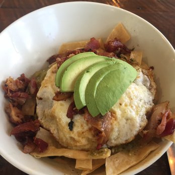 Green Tomato Grill - Chiliquilles bacon egg and avocado - New American Near Me - Brea, California