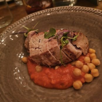 Epistrophy - Bistecca Di Tonno- Pan-seared tuna with spicy romesco sauce, hazelnut, and chickpeas. $29. Flavors decent but the tuna was cold - Wine Bars Near Me - New York, New York