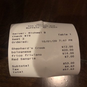 Inizio - My receipt. - Italian Near Me - Buffalo, New York