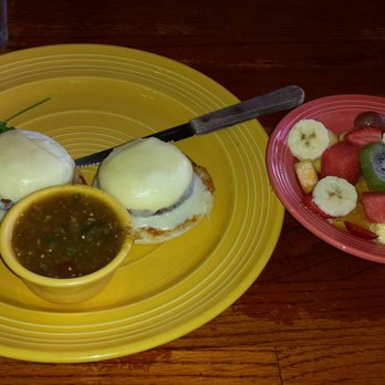 Rex's Cafe - Eggs Benny with extra salsa and a bowl of fruit  delicious! - Breakfast & Brunch Near Me - San Pedro, California