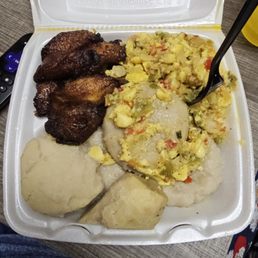 Ackee & cod fish w/boiled dumpling and fried plantains Ackee & cod fish w/boiled dumpling and fried plantains