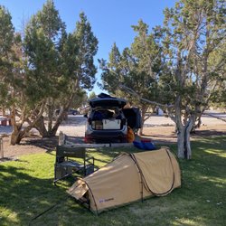 Ely KOA - Tent, camp chair, and Subaru packed for a raft trip Oregon down the Rogue River.