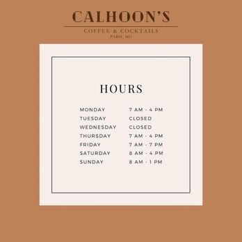 Calhoon's Coffee & Cocktails - Store hours - Cocktail Bars Near Me - Paris, Missouri Calhoon's Coffee & Cocktails - Store hours - Cocktail Bars Near Me - Paris, Missouri