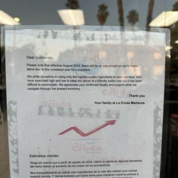 La Cruda Mariscos - Increase of prices - Seafood Near Me - Riverside, California