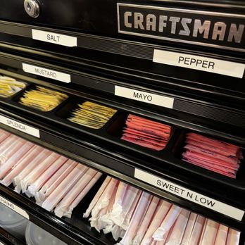 Mission BBQ - A toolbox used to hold lids, straws, sugars, salt, pepper, other things very clever - Barbeque Near Me - Brooksville, Florida Mission BBQ - A toolbox used to hold lids, straws, sugars, salt, pepper, other things very clever - Barbeque Near Me - Brooksville, Florida