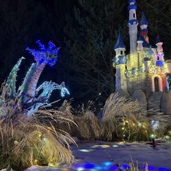Adventure Golf and Raceway - Dragon and Castle all lit up for the holiday