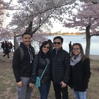 Trip Hacks DC Tours - Family photo at Tidal Basin on the first day of peak bloom of the Cherry Blossoms. - Walking Tours Near Me