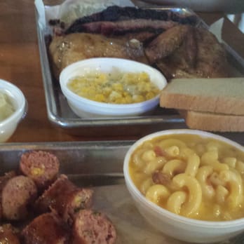 Black's BBQ - Brisket, jalapeño cheese sausage,  mac and cheese,  cream corn - Barbeque Near Me - San Marcos, Texas