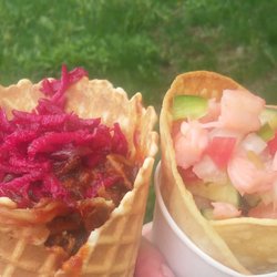 Coneucopia - Pulled Pork with Beer Caramel Sauce and Apple Beet Slaw in a Waffle Cone and Shrimp Ceviche in Corn Tortilla Cone