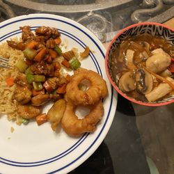 Hong Kong Fast Food - E17. Chicken with Cashew Nuts, #13. Hot and Sour Soup, S8. Sweet and Sour Shrimp, and fried rice