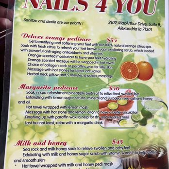 Nails 4 U - Menu page 1. I had the Deluxe Orange Pedicure, it was great and included a 5 minute neck and shoulder massage that was a nice touch. - Nail Salons Near Me - Alexandria, Louisiana