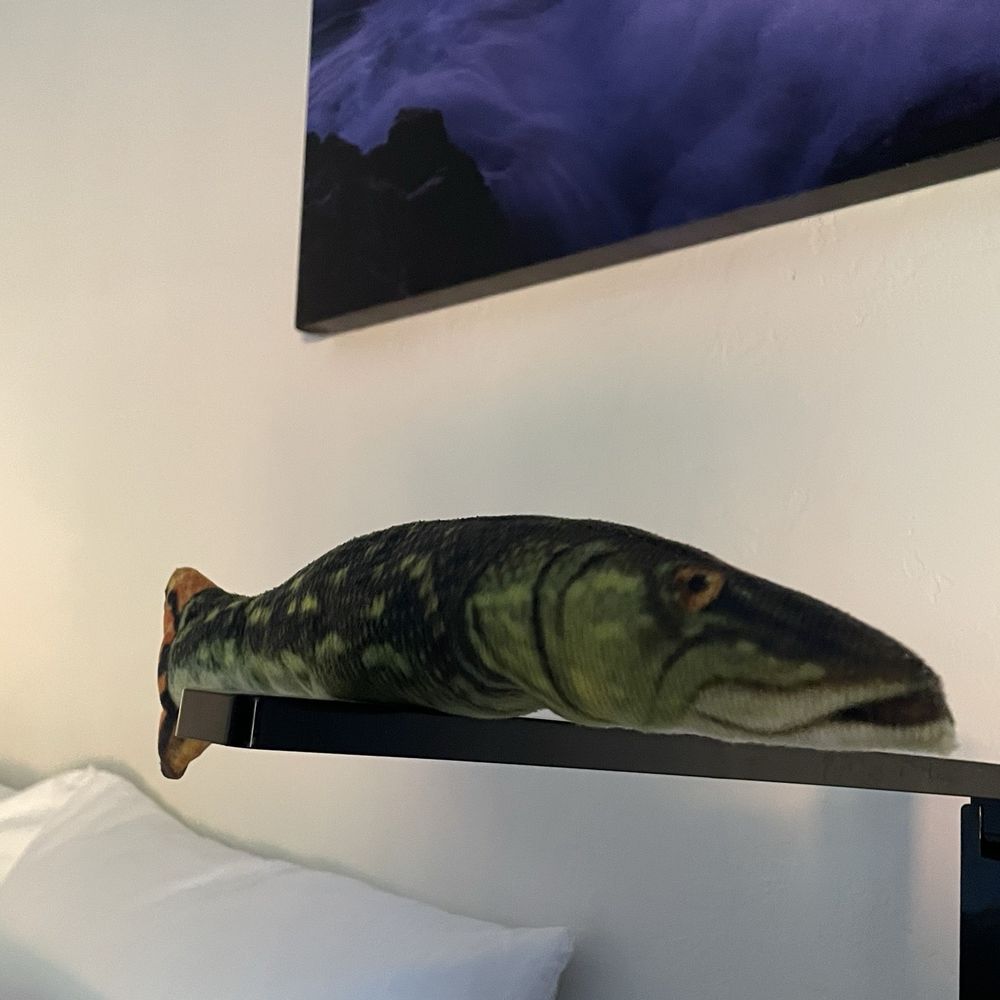 Sur Burger - A fish on top of a lamp. Pillow and ocean painting in the background. - Burgers Near Me - Monterey, California