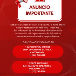 El Pollo Peru - Temporal mente cerrado, los esperamos con nuestras demas sedes de Chatsworth y Panorama City