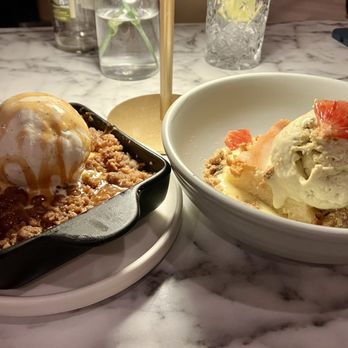 ELDO - Apple pear cobbler with caramel drizzle and vanilla ice cream on the left. Buttercake with pistachio ice cream and anglais - Seafood Near Me - El Dorado Hills, California ELDO - Apple pear cobbler with caramel drizzle and vanilla ice cream on the left. Buttercake with pistachio ice cream and anglais - Seafood Near Me - El Dorado Hills, California