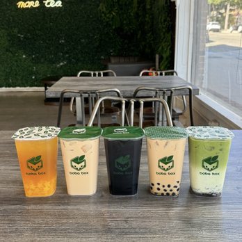 Boba Box - Green team with mango stars, black milk tea, Vietnamese cold brew, brown sugar milk tea, and Oreo matcha - Coffee & Tea Near Me - Monrovia, California Boba Box - Green team with mango stars, black milk tea, Vietnamese cold brew, brown sugar milk tea, and Oreo matcha - Coffee & Tea Near Me - Monrovia, California